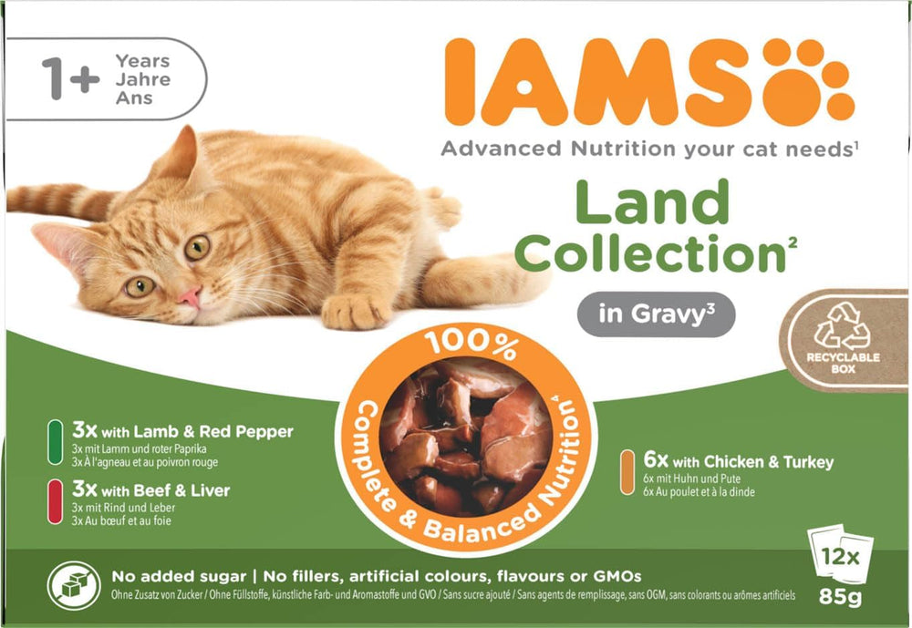 IAMS Delights Land Collection Hrană umedă pentru pisici - Pachet multiplu cu varietăți de carne (miel, vită, pui și curcan) în sos, hrană umedă pentru pisici de la 1 an, 12 x 85g