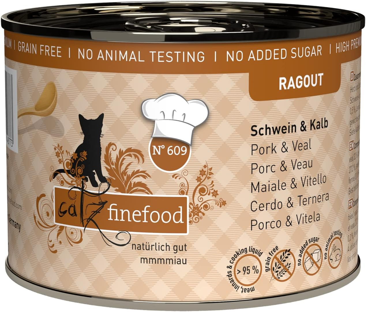 Catz Finefood Ragout N° 605 Salmon & Duck Cat Food Wet - hrană umedă delicatessen pentru pisici în sos fără cereale și zahăr cu conținut ridicat de carne, cutie 6 X 190 G