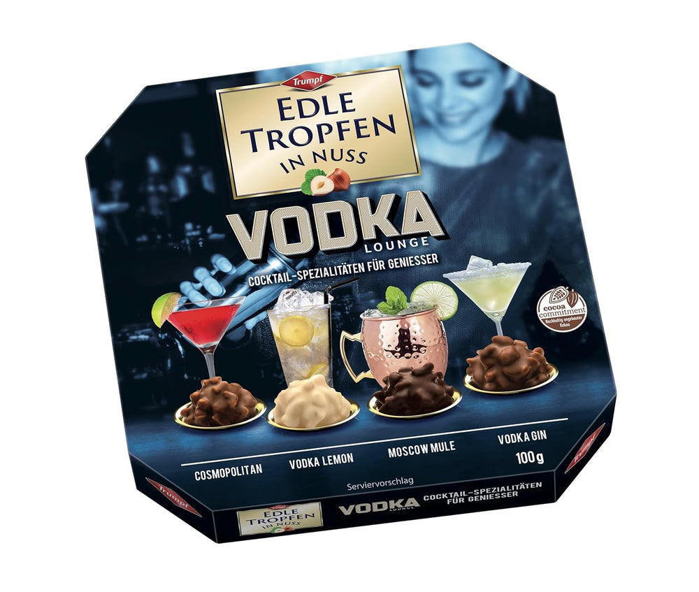 Edle Tropfen en Nuss Vodka Lounge 100g, bombones de chocolate rellenos de líquido con glaseado de chocolate con leche y crujientes trozos de avellana