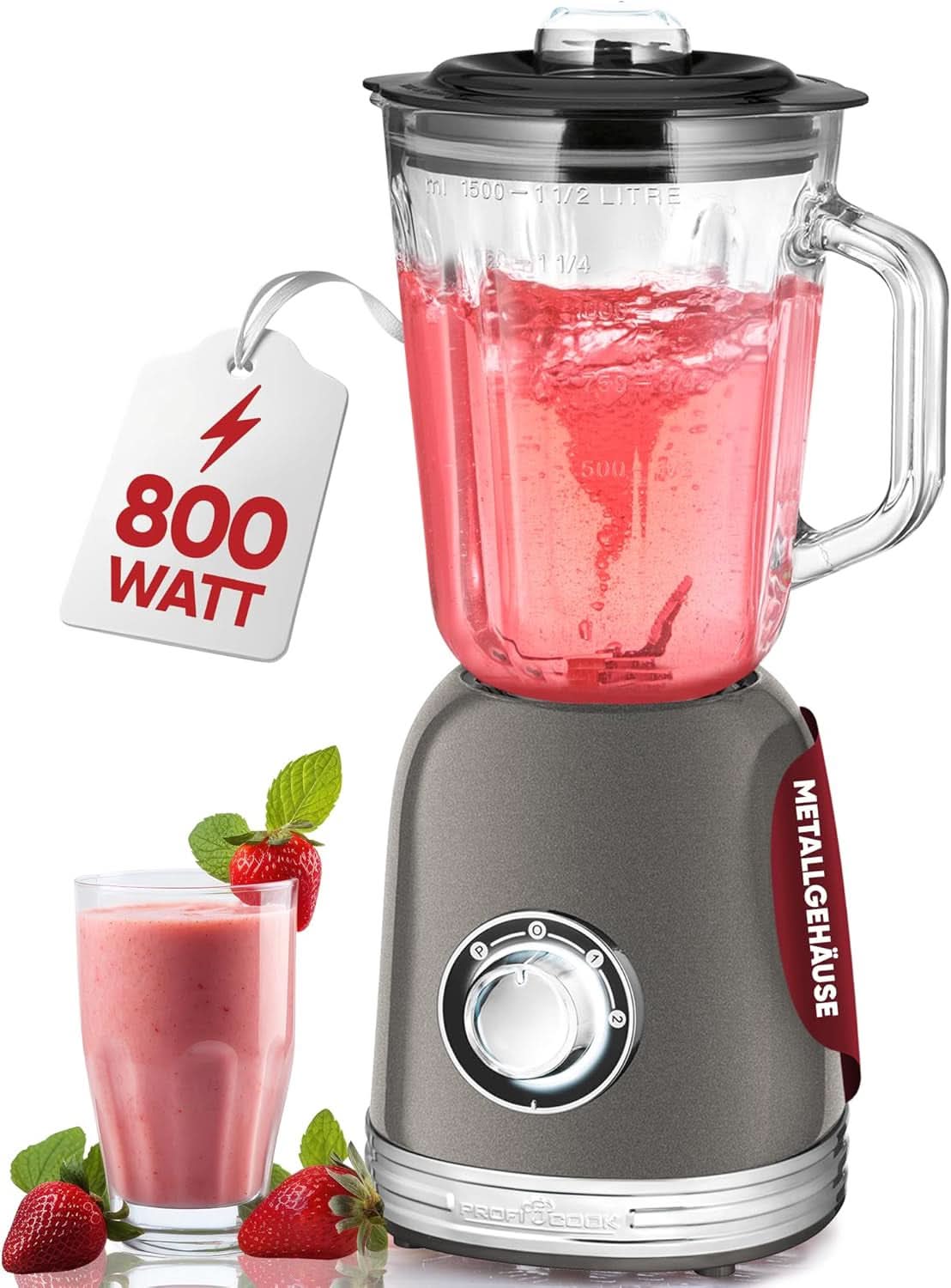 Proficook® Mixer Standmixer Mit Massivem 1,5L Glas-Behälter, Ice Crush & Turbo-Modus - Blender Mit 4Fach Piranha-Messer Aus Edelstahl - Hochleistungsmixer Mit Metallgehäuse 800W, PC UM 1195 Anthrazit Mama si Copilul Naty Shop