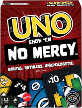 Mattel UNO Show 'em No Mercy - 56 de cărți suplimentare, cărți de acțiune dificile și reguli de joc brutale pentru cea mai nemiloasă versiune, regulă de stivă și schimb de cărți de mână, vârste 7+, HWV18