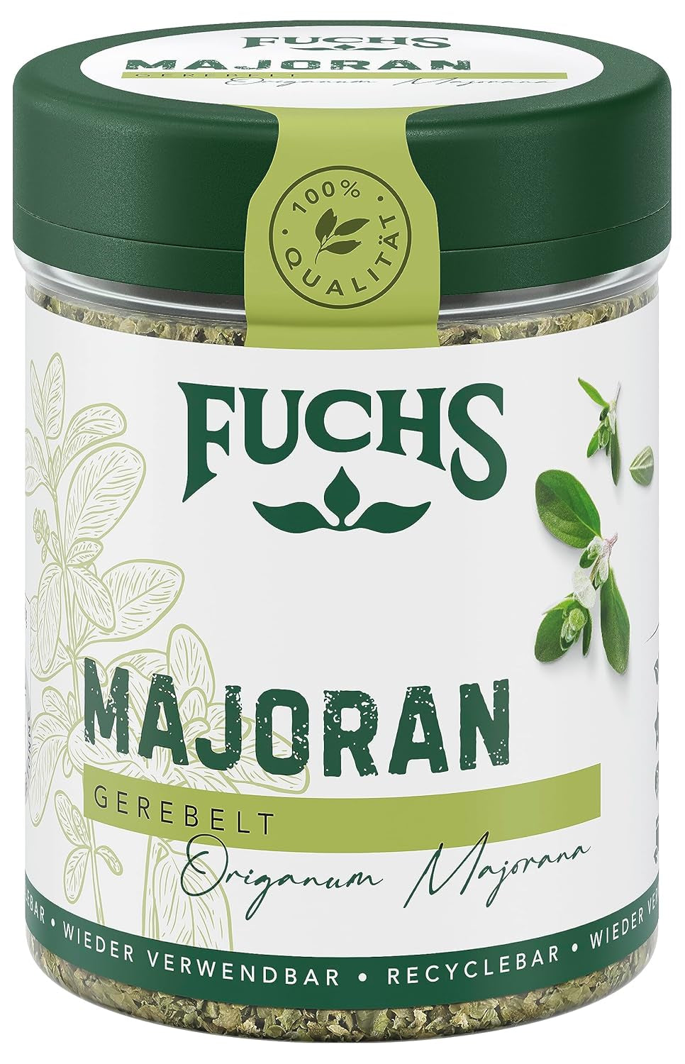Fuchs Gewürze - Mejorana gerebelt - zum Würzen von Kartoffelgerichten, Fleischgerichten oder Eintöpfen - ingredientes naturales - 10 g en wiederverwendbarer, recyclebarer Dosis