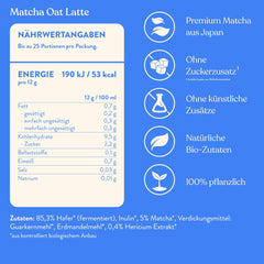 Blue Farm Bio Matcha Oat Latte auf Haferbasis ohne Zuckerzusatz - Mit dem Vitalpilz Lion's Mane - Vegano - sin lactosa y sin gluten (300 g, Matcha)