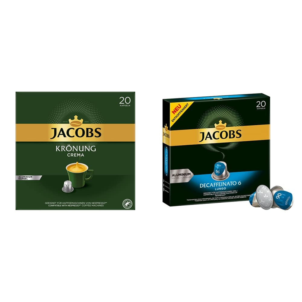 Jacobs Kaffeekapseln Krönung Crema, 10er Pack, 10 x 20 Getränke, 1040 g & Kaffeekapseln Lungo Decaffeinato- Intensität 6-200 Nespresso kompatible Kapseln, 10er Pack, 10 x 20 Getränke