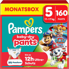 Pampers Baby Dry Pants Diaper Patrol Puppy Edition, talla 5, 160 pañales, 11 kg - 17 kg, ajuste de 360° con tope y sistema de protección