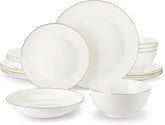 Set de veselă MALACASA pentru 4 persoane, set de veselă din porțelan os, format din 16 piese, set combinat rotund alb cu margine aurie, cu 4 farfurii de cină, 4 farfurii de desert, 4 farfurii de sumă și 4 boluri pentru cereale, seria NORI