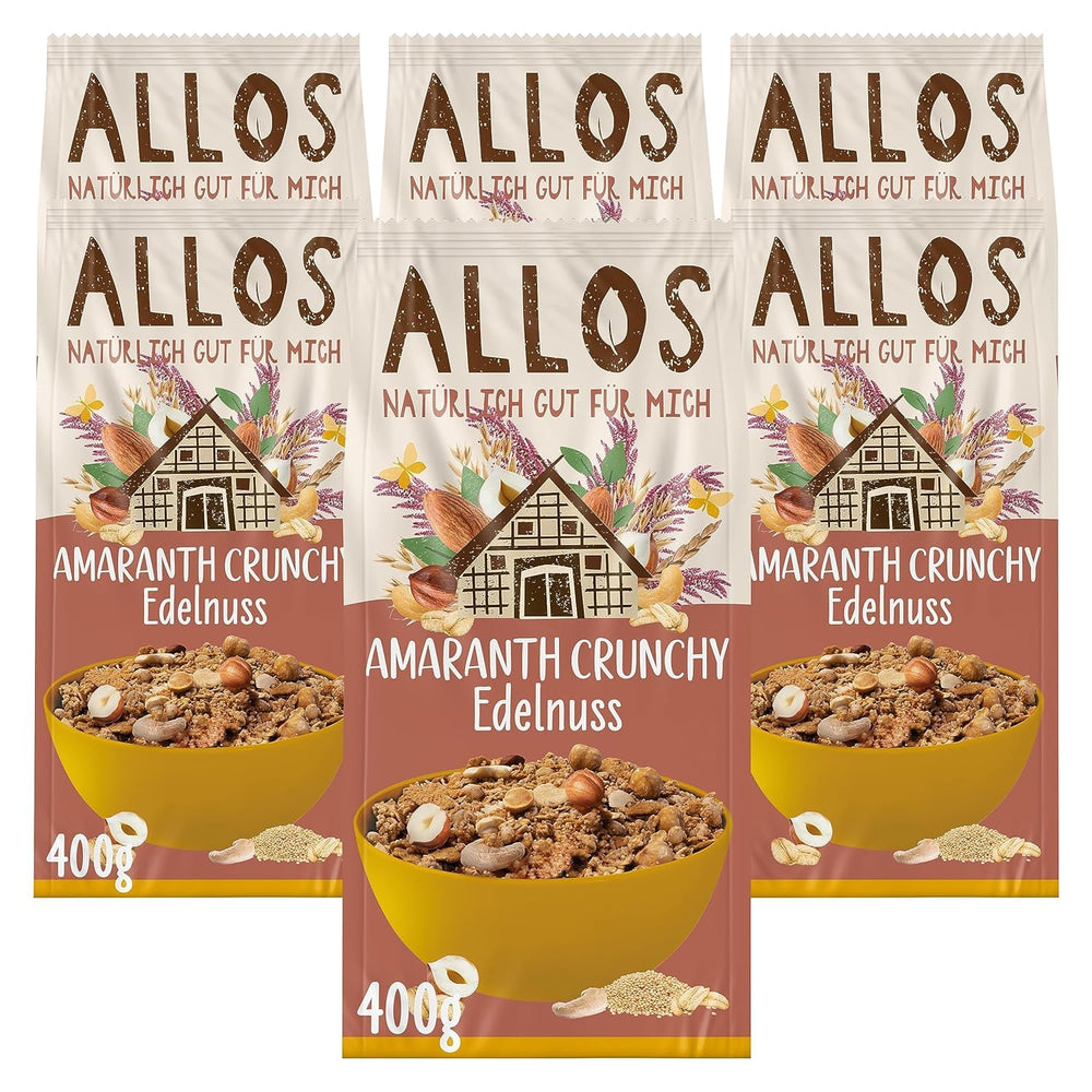 Muesli crujiente premium con nueces y amaranto Allos | Muesli orgánico | Muesli con nueces | Avena | Cereales para el desayuno | Vegano | Paquete de 6 (6 x 400 g)