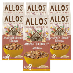 Muesli crujiente premium con nueces y amaranto Allos | Muesli orgánico | Muesli con nueces | Avena | Cereales para el desayuno | Vegano | Paquete de 6 (6 x 400 g)