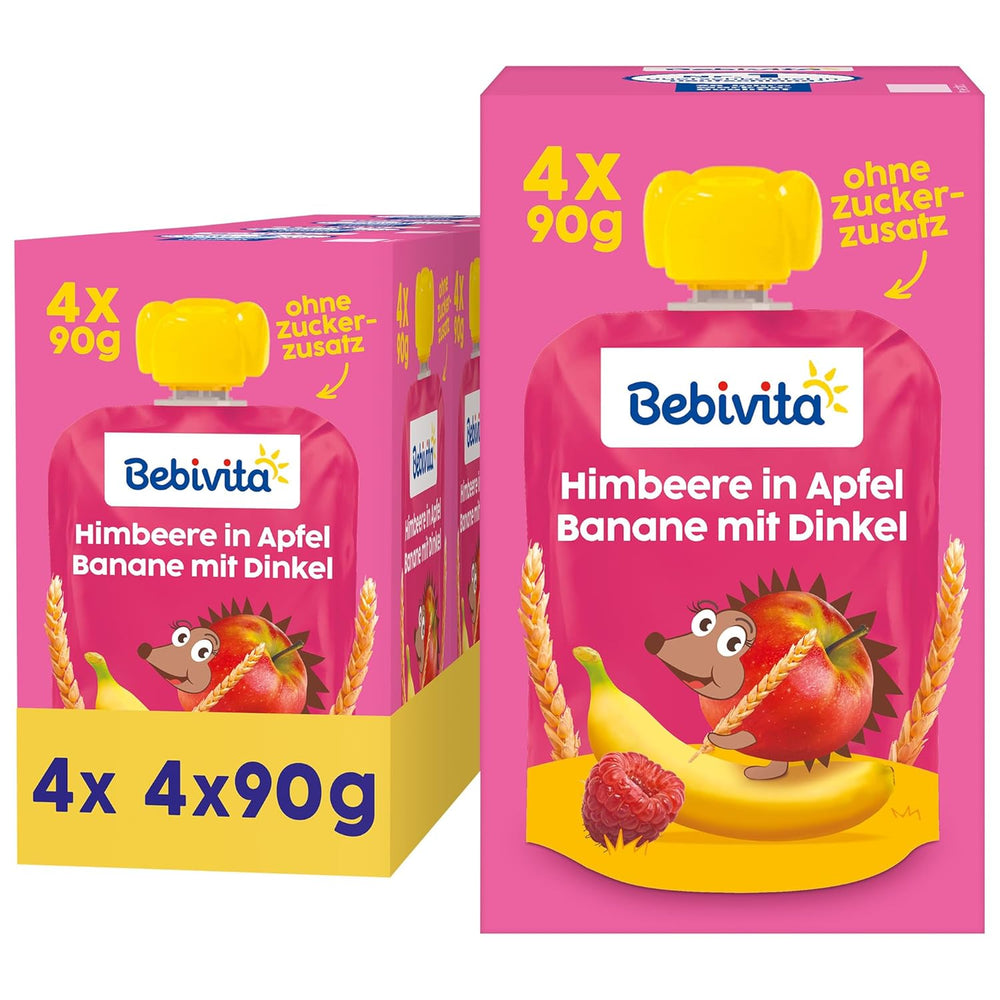 Sobres exprimibles de fruta, frambuesa, manzana, plátano y espelta - 16 piezas (paquete de 4, 4 x 90 g cada uno), sin azúcares añadidos, elaborados a base de frutos rojos y cereales saludables, ideales para snacks para llevar y autoconsumo