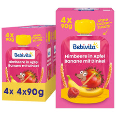 Sobres exprimibles de fruta, frambuesa, manzana, plátano y espelta - 16 piezas (paquete de 4, 4 x 90 g cada uno), sin azúcares añadidos, elaborados a base de frutos rojos y cereales saludables, ideales para snacks para llevar y autoconsumo