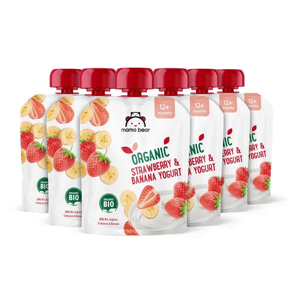 Mama Bear Yogurt Orgánico, Fresas, Plátano y Yogur, Vegetariano, 90 gramos (Pack de 6) Mother and Baby Naty Shop Fresas, Plátano y Yogur