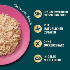 Lily’s Kitchen Aus Natürlichen Zutaten hergestellt Zerkleinerte Filets in Gelee mit Hühnchen und Lachs Ausgewachsen Nassfutter für Katzen 70 g Dose