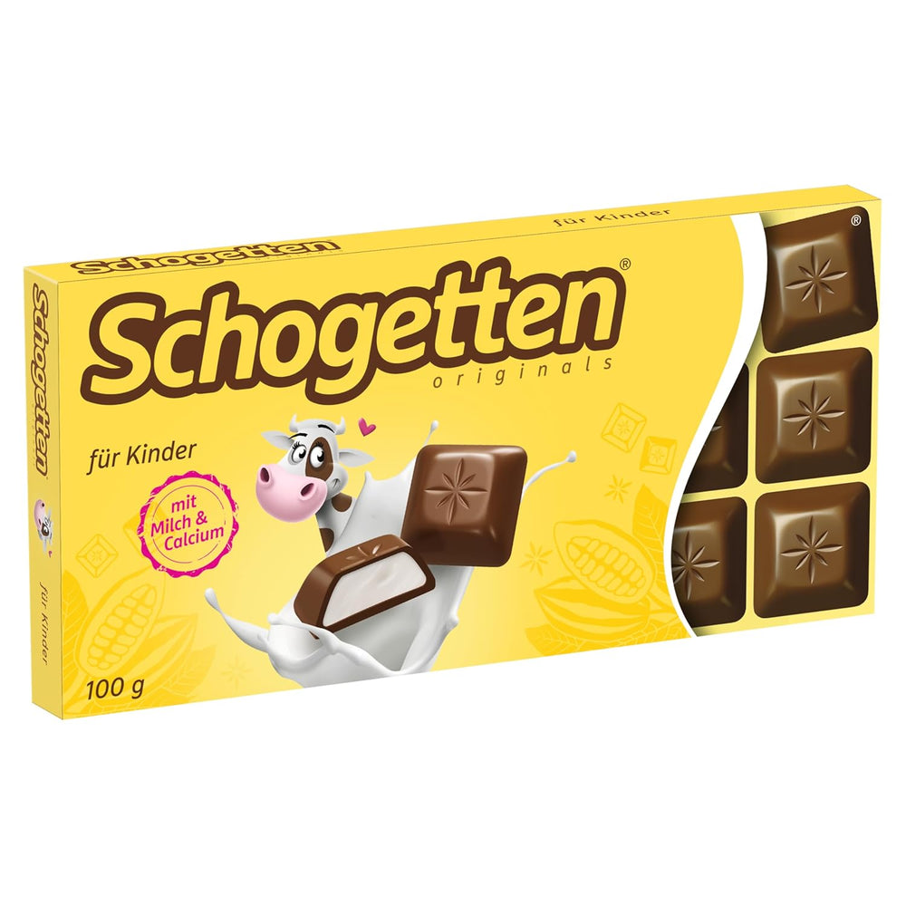Schogetten para niños, barra de chocolate de 100 g, chocolate con leche con relleno cremoso de leche, en porciones convenientes. Un manjar. Pieza por pieza.