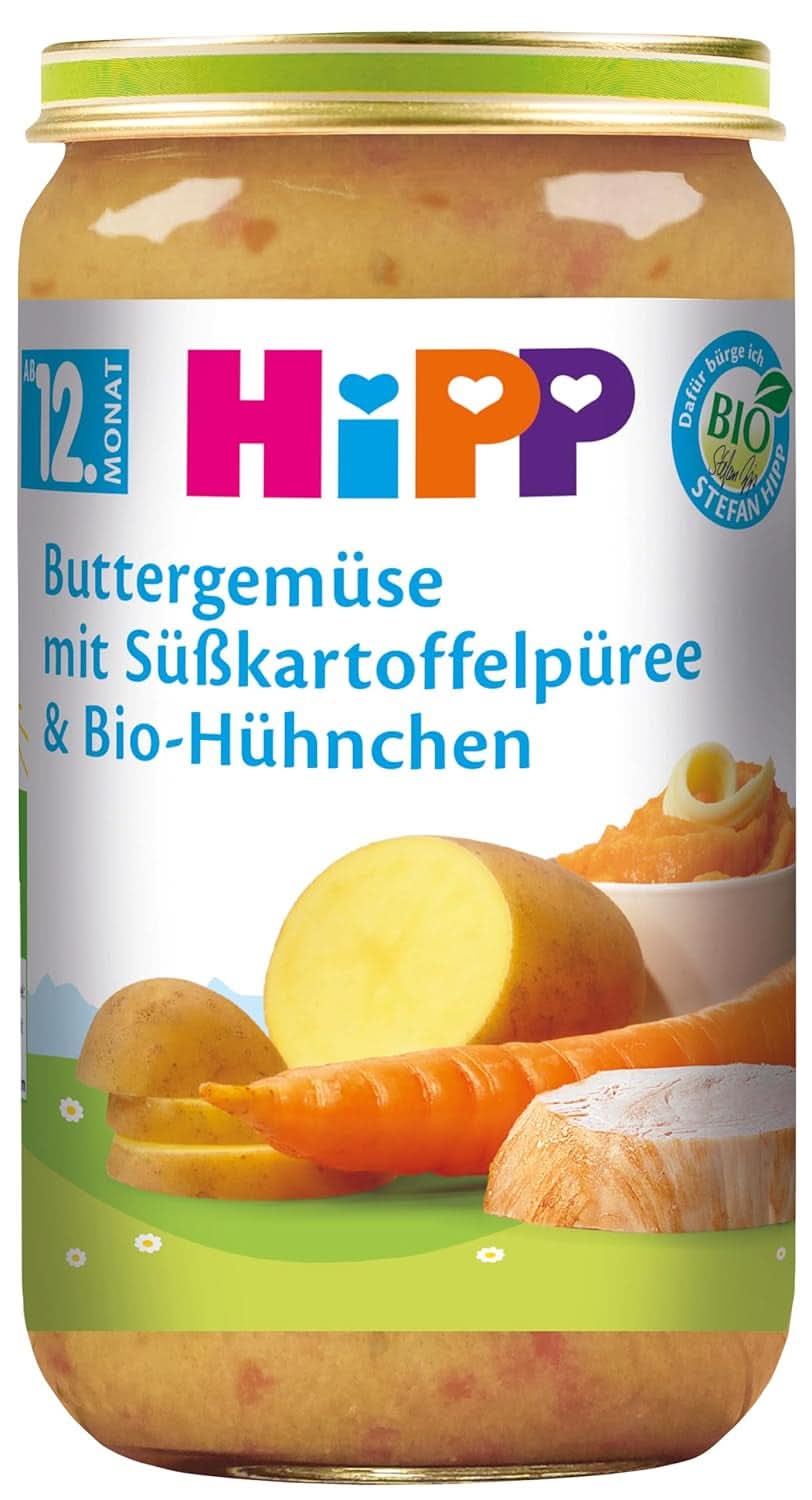 Legume Hipp Butter cu piure de cartofi dulci și pui bio, pachet de 6 (6 X 250 G) Mama si Copilul Naty Shop