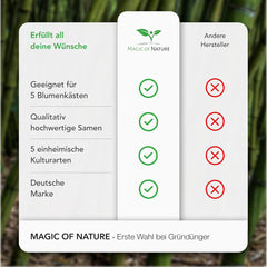 Magic of Nature Mezcla para cajas de balcón - 10 g de semillas - Plantas aptas para las abejas - Fácil de usar - Paraíso de las abejas - 5 especies nativas cultivadas - Adecuado para jardineras y maceteros