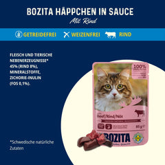 Bozita Pouch Bucăți de hrană umedă în sos cu carne de vită - 12 pliculețe x 85g Hrană umedă fără cereale și grâu pentru pisici - Hrană umedă pentru pisici adulte cu 8,5% proteine și 4,5% grăsimi