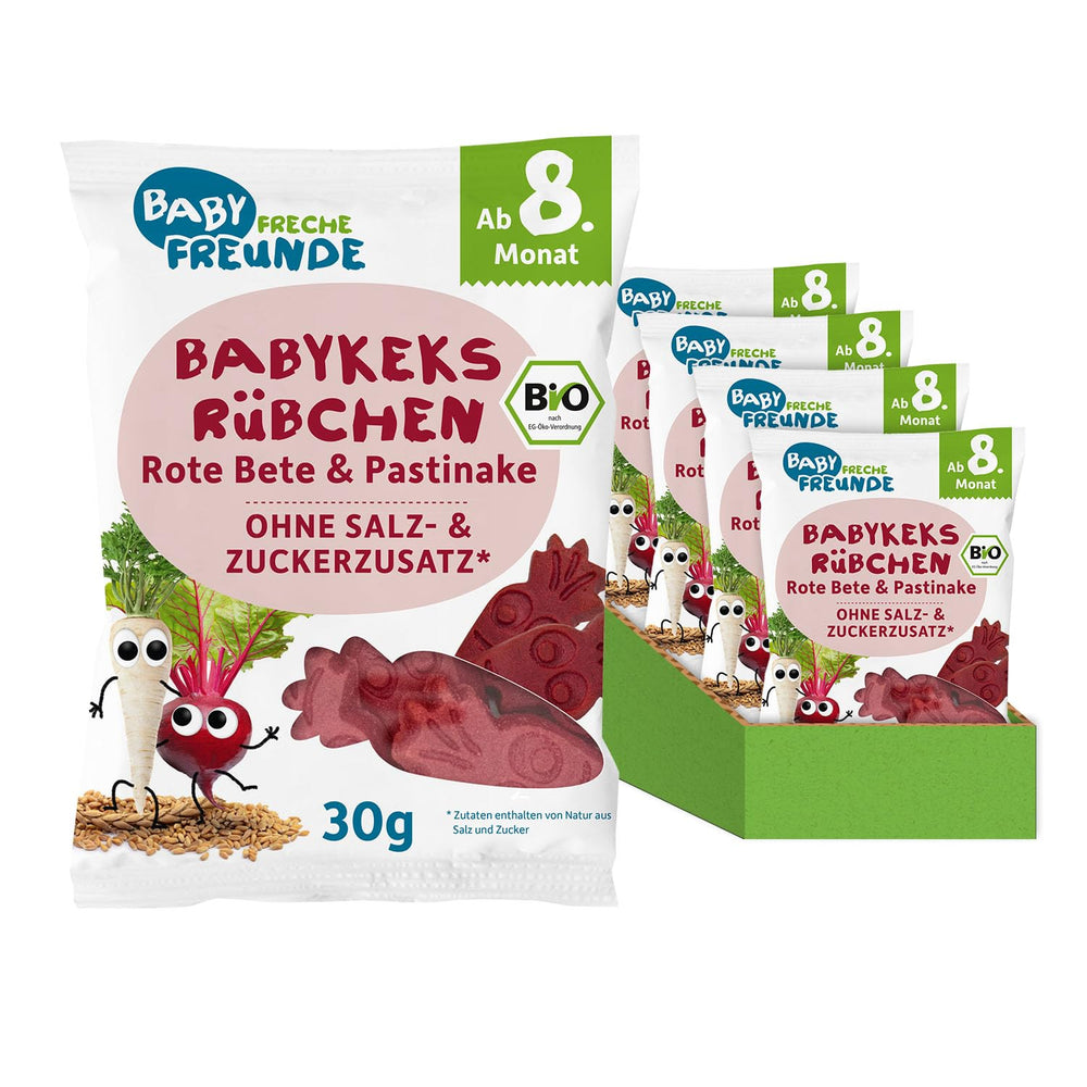 BABY FRECHE FREUNDE Biscuiți organici pentru bebeluși cu sfeclă roșie și păstârnac, gustare pentru bebeluși de la 8 luni, fără zahăr adăugat, vegani, pachet de 8 (8 x 30g)