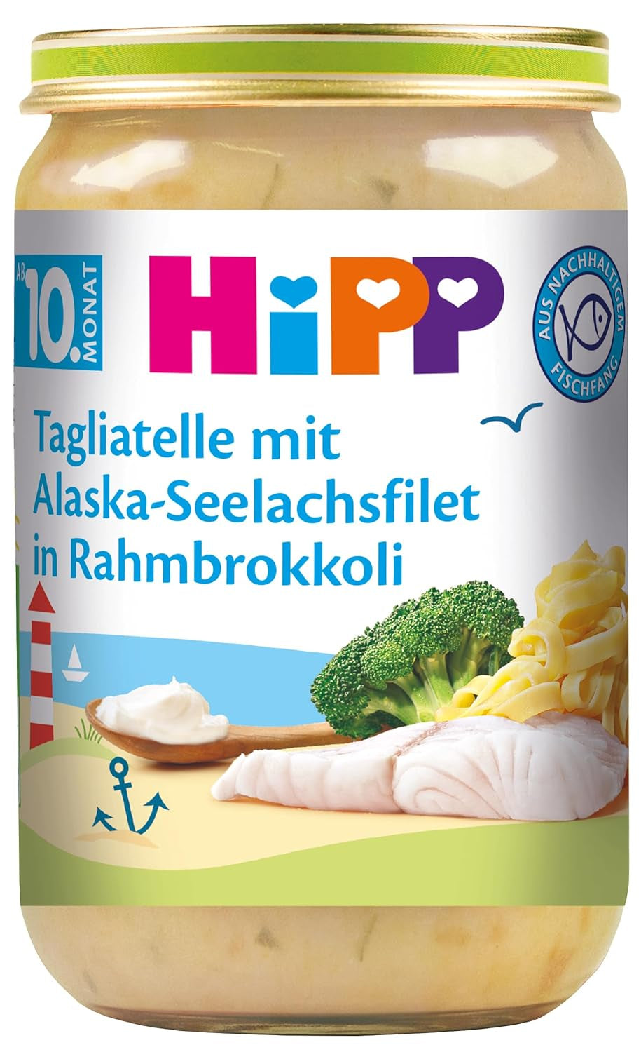 Tagliatelle HiPP cu file de Alaska Pollock în broccoli cremos (6 x 220g), meniu pentru bebeluși de la 10 luni, fără sare adăugată, cu Omega-3, cu bucăți fine – pentru învățarea mestecării
