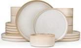 Set de veselă Star cu 18 piese, set de veselă pentru 6 persoane, set de veselă din gresie, rezistent la zgârieturi, potrivit pentru cuptorul cu microunde și mașina de spălat vase, alb cappuccino