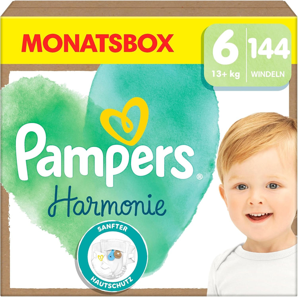 Pañales Pampers Harmony talla 6, 144 pañales, 13 kg+, protección suave para la piel con 100% protección Pampers