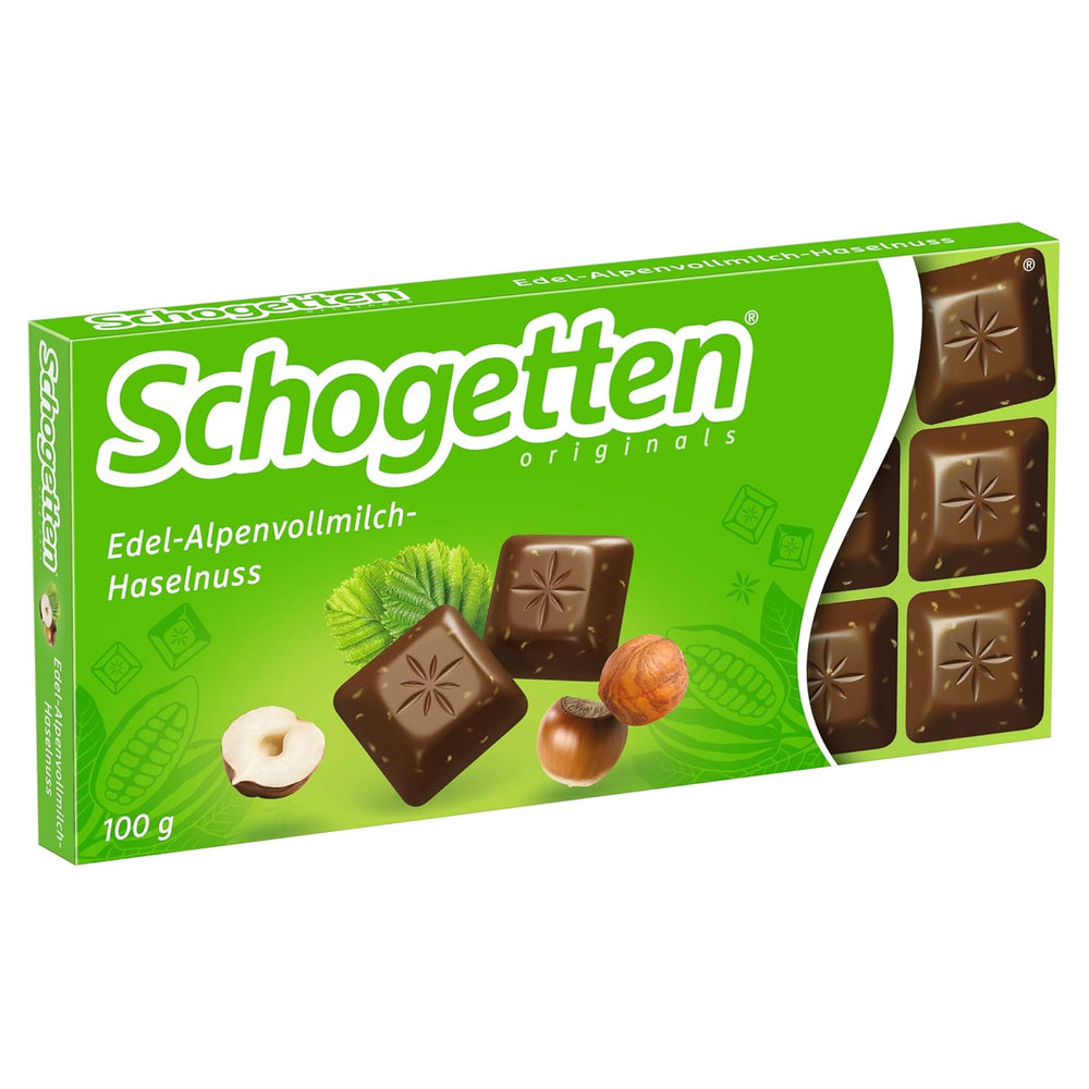 Chocolate con leche alpino Schogetten Premium con avellanas, barra de chocolate de 100 g, en porciones individuales. Una delicia. Pieza por pieza.