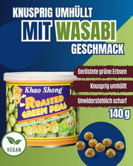 Khao Shong Guisantes verdes fritos con wasabi, guisantes crujientes rebozados picantes, una alternativa baja en grasa a las nueces, picante medio, 1 lata de 140 g | 140 gramos (1 paquete)