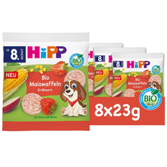HiPP Organic Corn Waffles con Fresas (8 x 23g), snack para bebés a partir de 8 meses, endulzado sólo con frutas y verduras, sin gluten, la mejor calidad ecológica