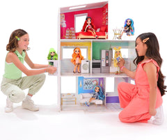 Rainbow High Townhouse - Casa de muñecas de madera de 3 pisos con 5 coloridas habitaciones y terraza - Casa completamente amueblada con ascensor y accesorios funcionales - Juguete para niños de 4 a 12 años o más Naty Shop Dollhouses
