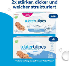 WaterWipes Sensitive+ Toallitas Húmedas para Recién Nacidos y Bebés, 540 Piezas (9 Paquetes), 3 en 1 Limpieza, Cuidado, Protección, 99,9% Agua, Sin Fragancia