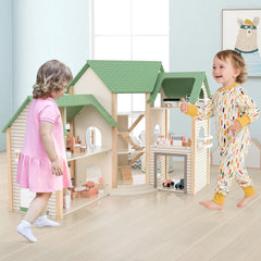 Casă de păpuși din lemn FANTASK, casă de păpuși de 83 cm înălțime cu 36 de piese de mobilier și accesorii, vilă de păpuși cu 6 camere, terasă și garaj, cadou pentru fete de la 3 ani Casute de papusi Naty Shop