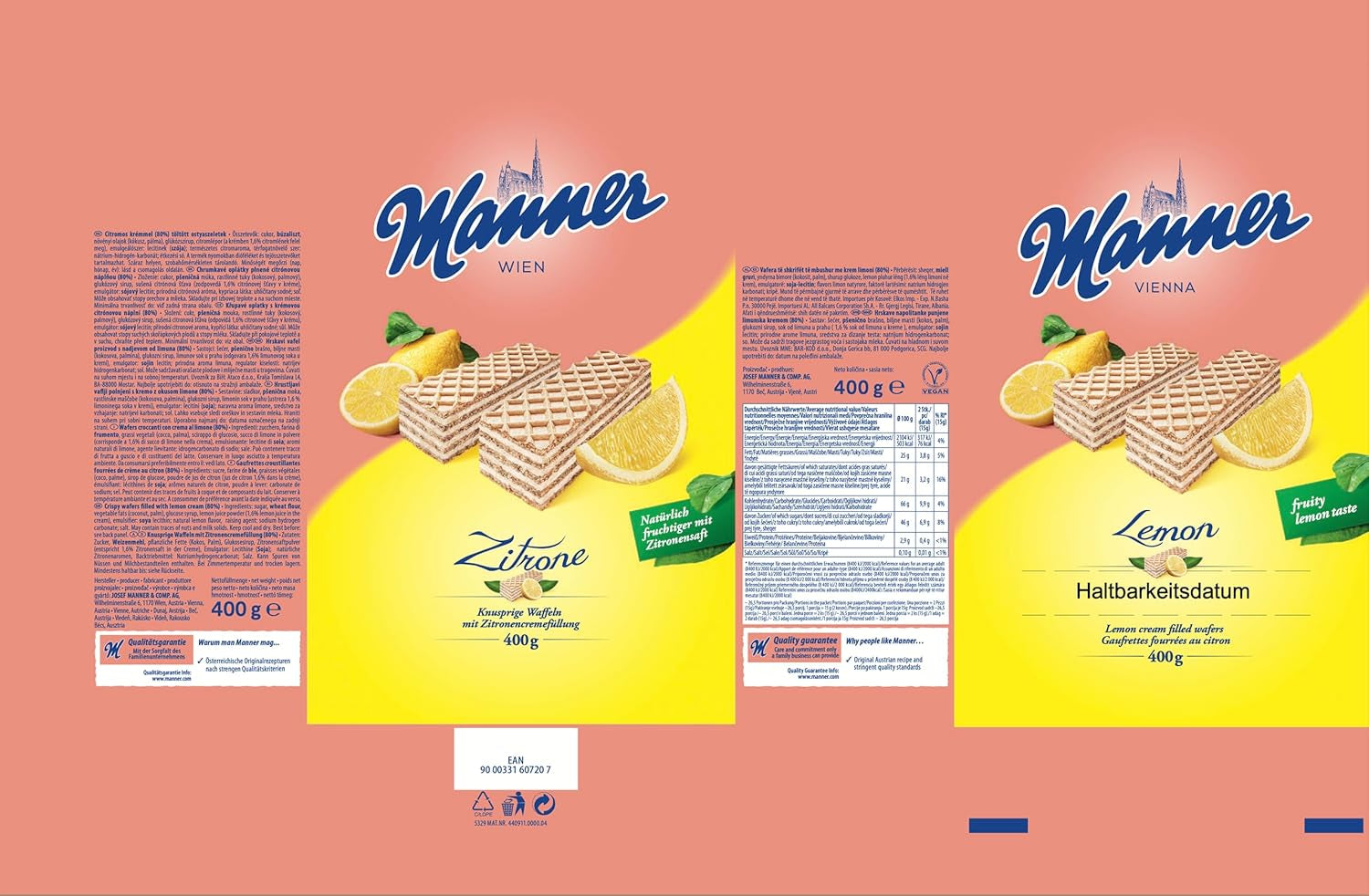 Vafe cu lămâie Manner | Vafe crocante vegane cu cremă de lămâie | 1 pachet (400 g)