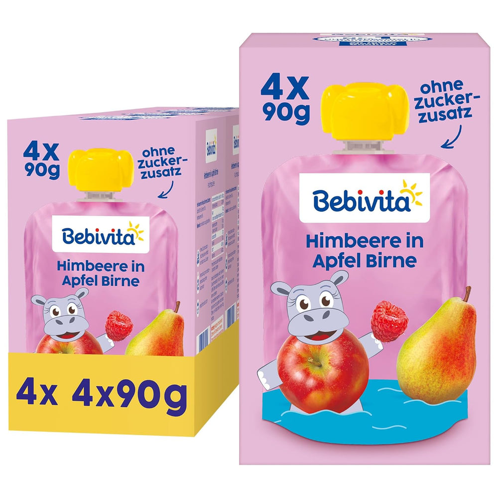 Himbeere in Apfel Birne Quetschie – 16 Stück (4er Pack, je 4 x 90g), sin Zuckerzusatz, sin gluten, ideal para refrigerios fuera de casa y autónomos