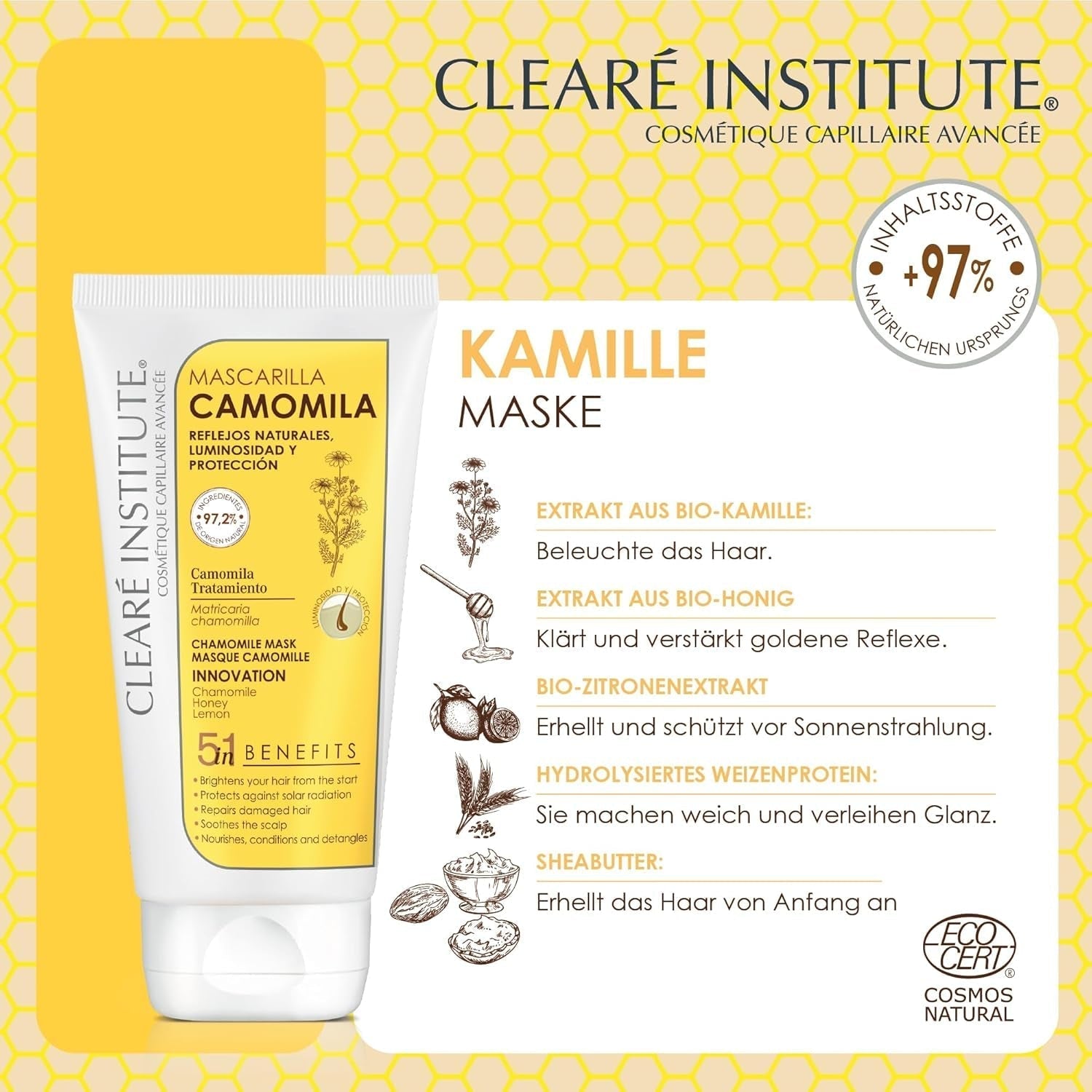 Clearé Institute | Mască cu mușețel | Hrănește, condiționează și descurcă | Strălucire și strălucire aurie | 97% ingrediente naturale | Calmează scalpul | Cu extract de mușețel |150 ml Masca de par Naty Shop