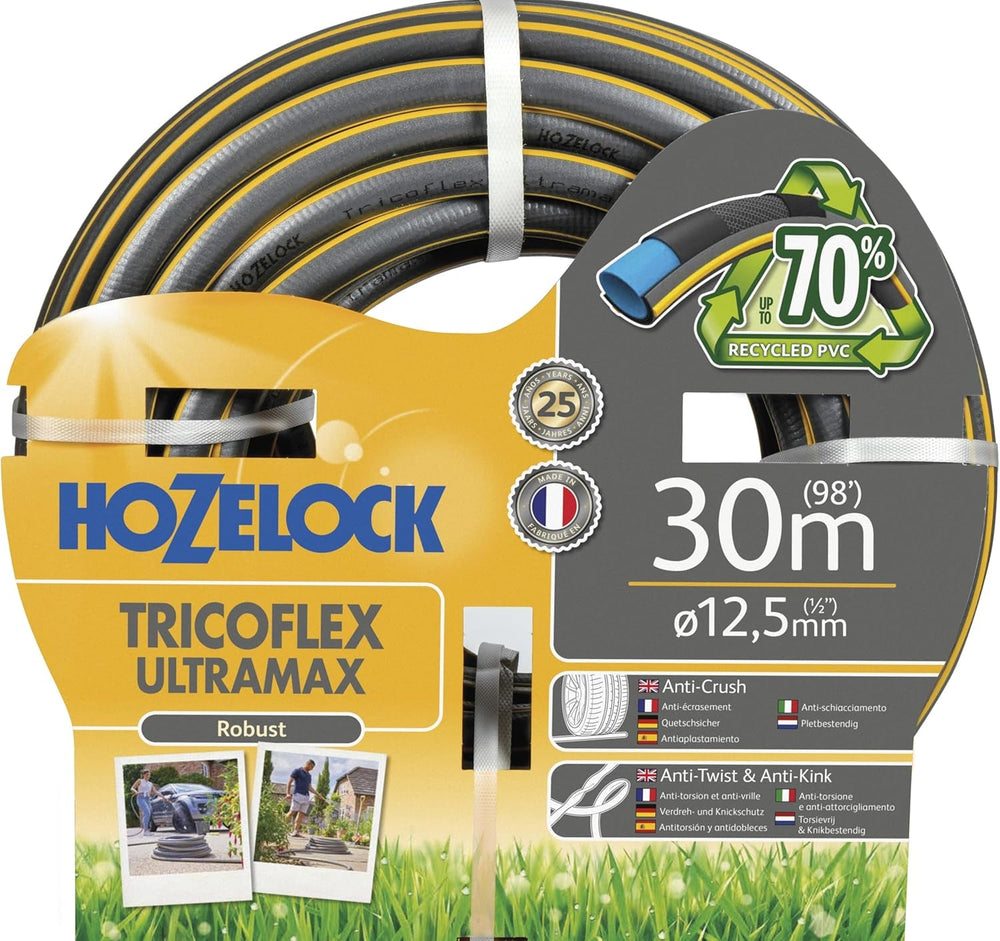 Furtun HOZELOCK - Ultramax 12,5 mm x 30 m, până la 70% PVC reciclat, robust, rezistent la intemperii, anti-răsucire, rezistent la îndoire și strivire, gri