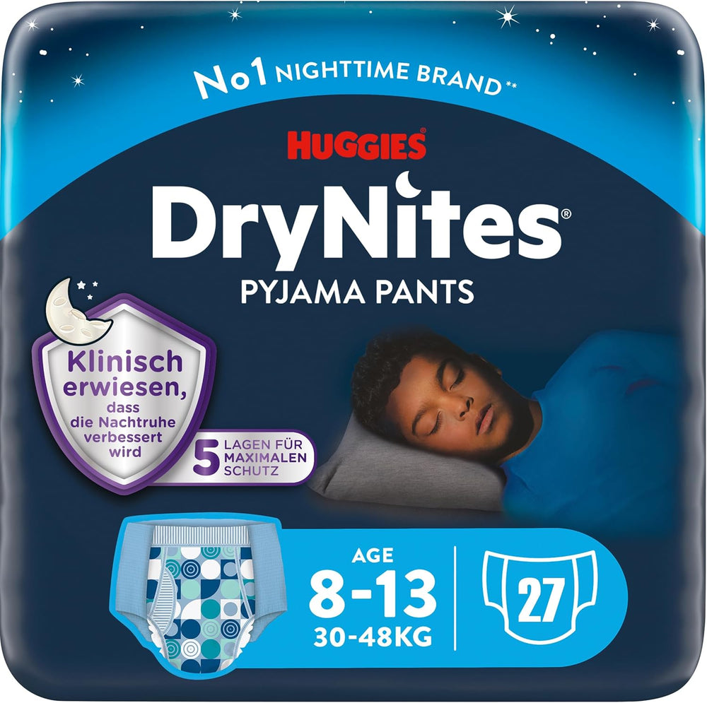 Huggies DryNites Pañales súper absorbentes para mojar de noche para niños de 8 a 13 años (30 a 48 kg), 27 unidades (3 x 9 unidades) Pañales tipo panty