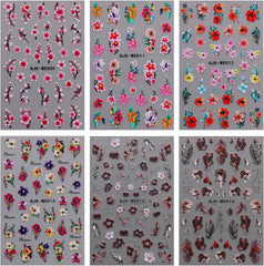 JMEOWIO Nagelsticker Blumen 6 Blatt Nail Art Sticker Selbstklebend Nagelaufkleber Sommer Blumen Dekoration Nageldesign Zubehör