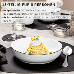 SÄNGER | Set de veselă Marlo cu margine neagră și albă, Set de veselă din porțelan cu 18 piese pentru 6 persoane, Alb cu accente negre, Farfurii de cină, Farfurii și boluri pentru desert, Design modern | COLECȚIA PREMIUM