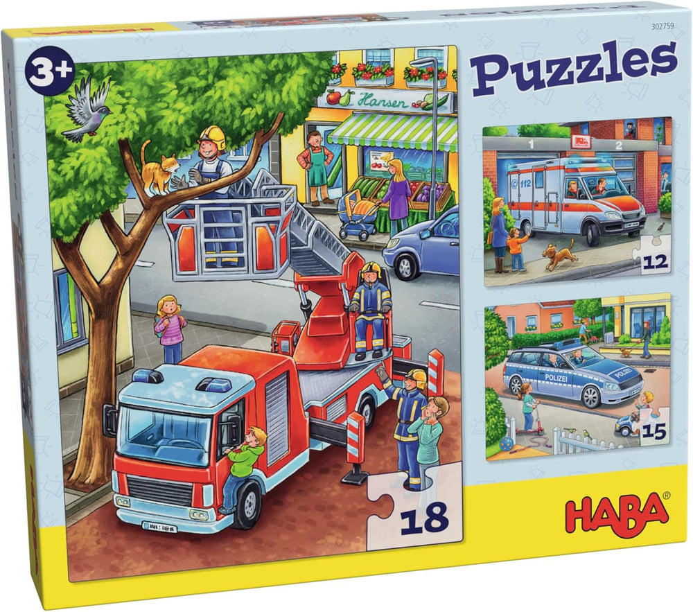 HABA Puzzle de bomberos - Juego de 3 piezas para niños a partir de 3 años Puzzle de cartón de policía y ambulancia - Promueve las habilidades motoras finas y la concentración - 1302759001 Puzzle Naty Shop Default Title