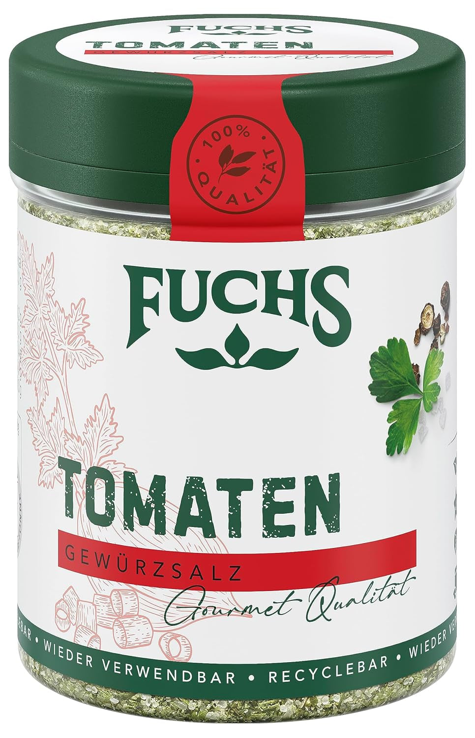Fuchs Gewürze - Tomato Gewürz - Gewürzsalz für Tomatenbrot, Frühstücksei o Steak - ingredientes naturales - 90 g en wiederverwendbarer, recyclebarer Dosis