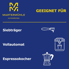 Boabe de espresso Martermühle Cioccolato 500g Tare | Arabica/Robusta | Arome: Nuci de macadamia, ciocolată cu lapte | Boabe de espresso întregi prăjite ușor, aciditate scăzută