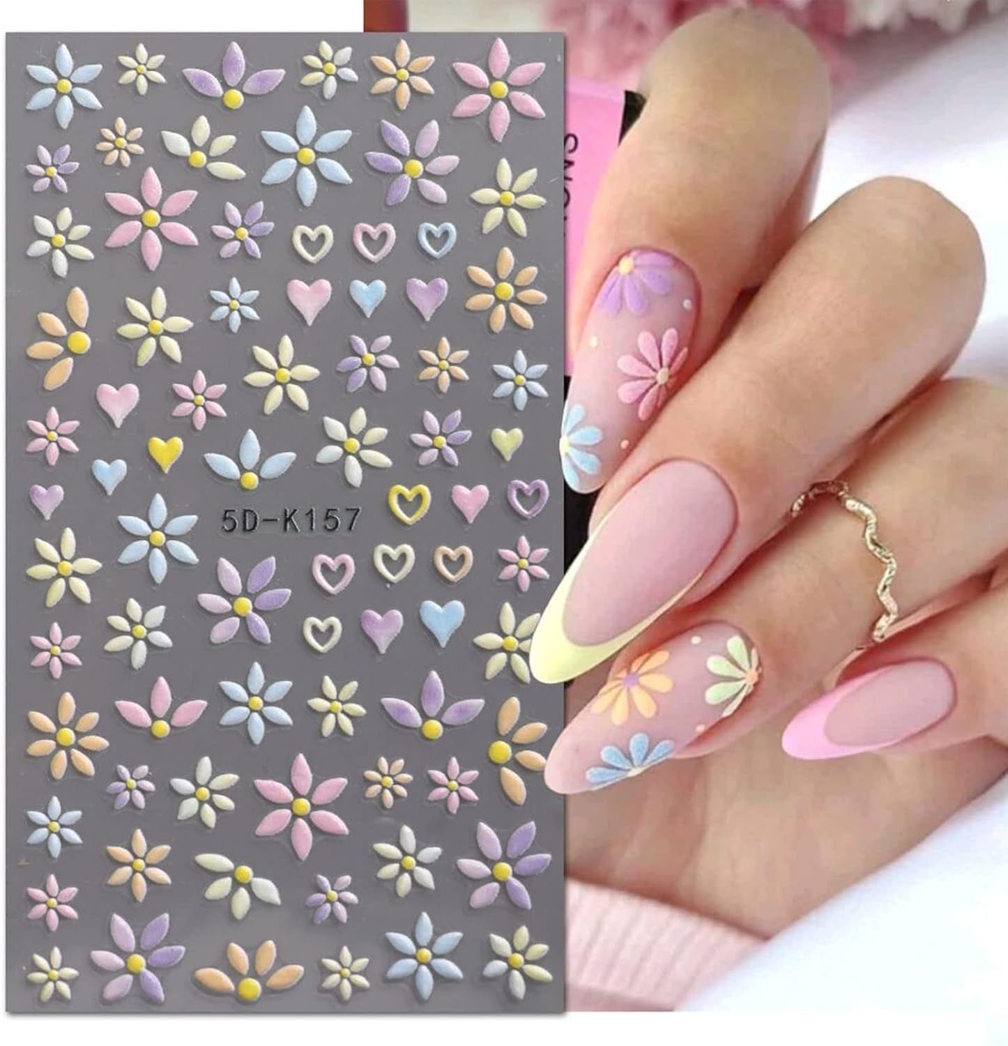 JMEOWIO 3D Nagelsticker Blume Frühlings Nail Art Sticker Selbstklebend Nagelaufkleber 5D Stereoskopisch Sommer Bunter Blumen Dekoration Nageldesign Zubehör 4 Blatt