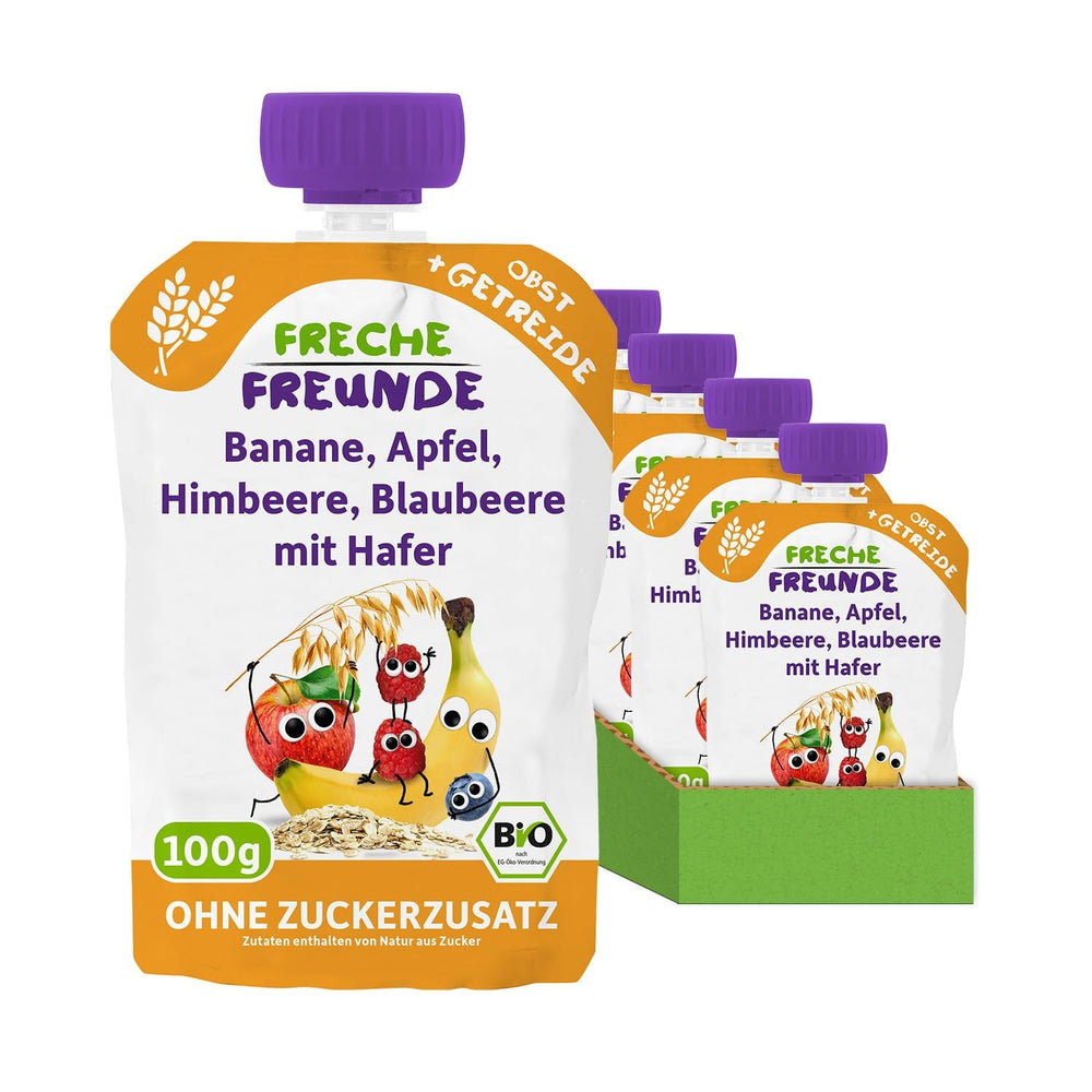 FRECHE FREUNDE Pliculeț cu fructe organice Banană, Măr, Zmeură, Afine cu ovăz, Piure de fructe cu cereale într-un pliculeț compresibil pentru bebeluși de la 6 luni, Vegan, Pachet de 6 (6 x 100g)