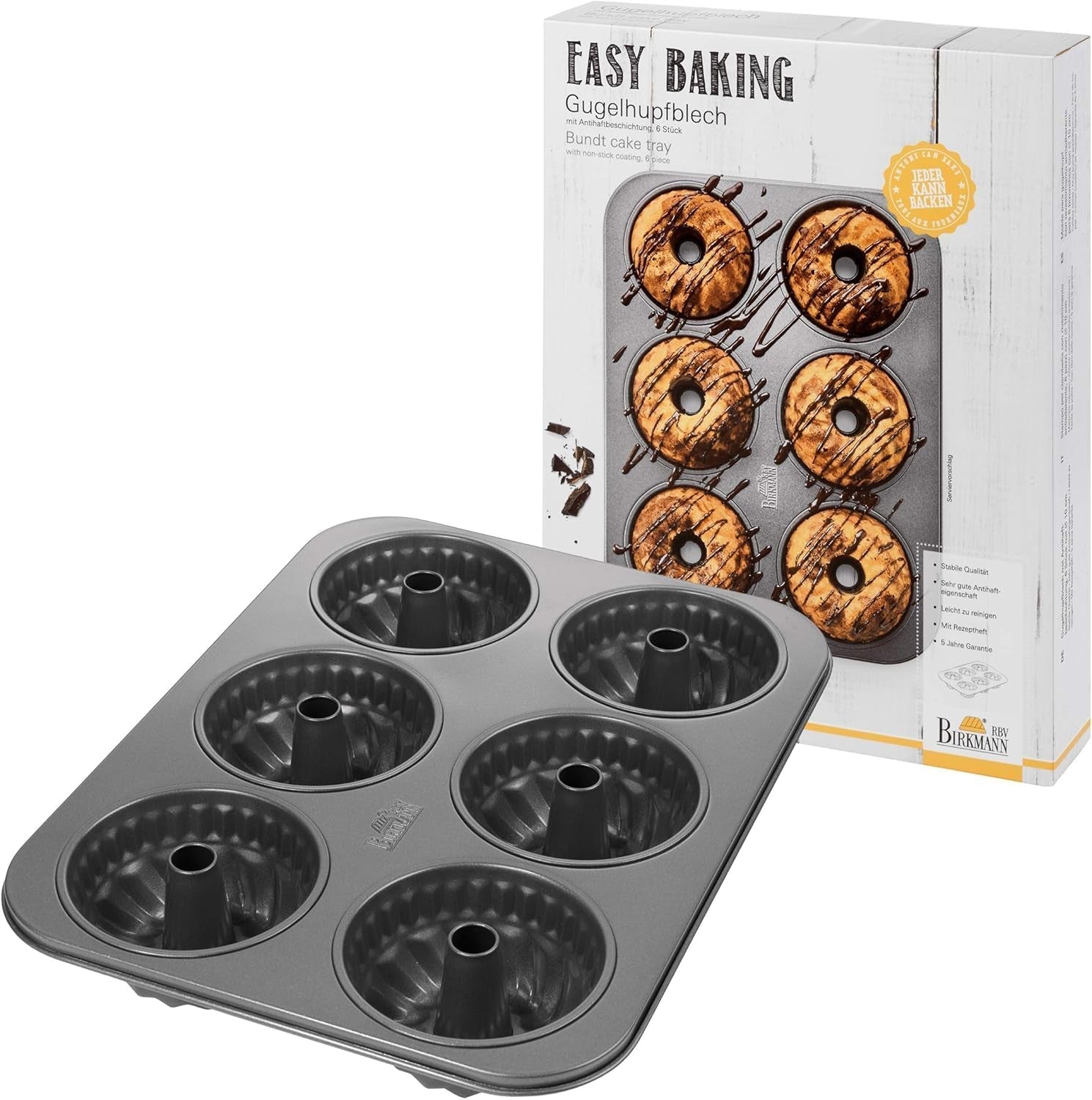 Birkmann, Easy Baking, Donutblech, Backform Für 6 Donuts, Mit Hochwertiger Antihaftbeschichtung, Ø 9 Cm, Mit Rezept, 881631 Matrite si tavi pentru copt Naty Shop 6Er Gugelhupfform