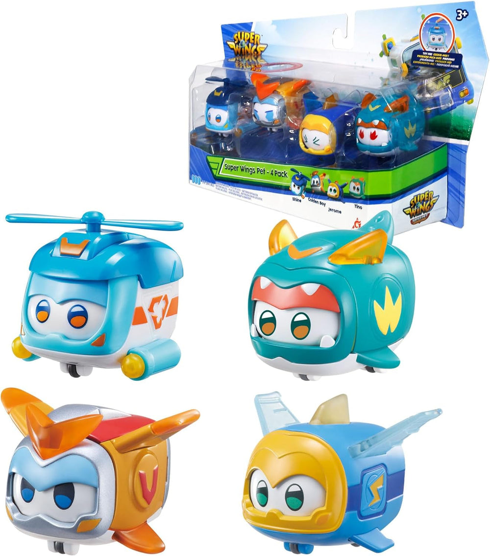 Super Wings Super Pets 4 piezas Shine, Golden Boy, Jerome, Ellie Expresión facial intercambiable Efecto relámpago Juguete portátil para niños de 3 4 5 6 7 8 años Figuras de acción de 2 pulgadas Naty Shop Paquete de 4 B