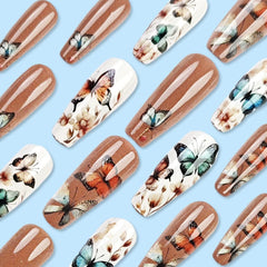 24 buc unghii lungi cu presă pe unghii sicriu unghii artificiale fluture floare unghii adezive alb maro set unghii acrilice sfaturi unghii femei primăvară vară accesorii unghii