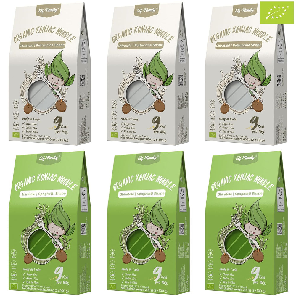 Elf-Family 6 Cajas (12 Piezas) Fideos Shirataki Konjac Orgánicos Ultra Bajos en Carbohidratos Veganos Sin Gluten - 1,62 kg, Sin Carbohidratos/Keto/Bajos en Calorías/Sin Grasa/Sin Azúcar Fideos Instantáneos - Espagueti y Fettuccine