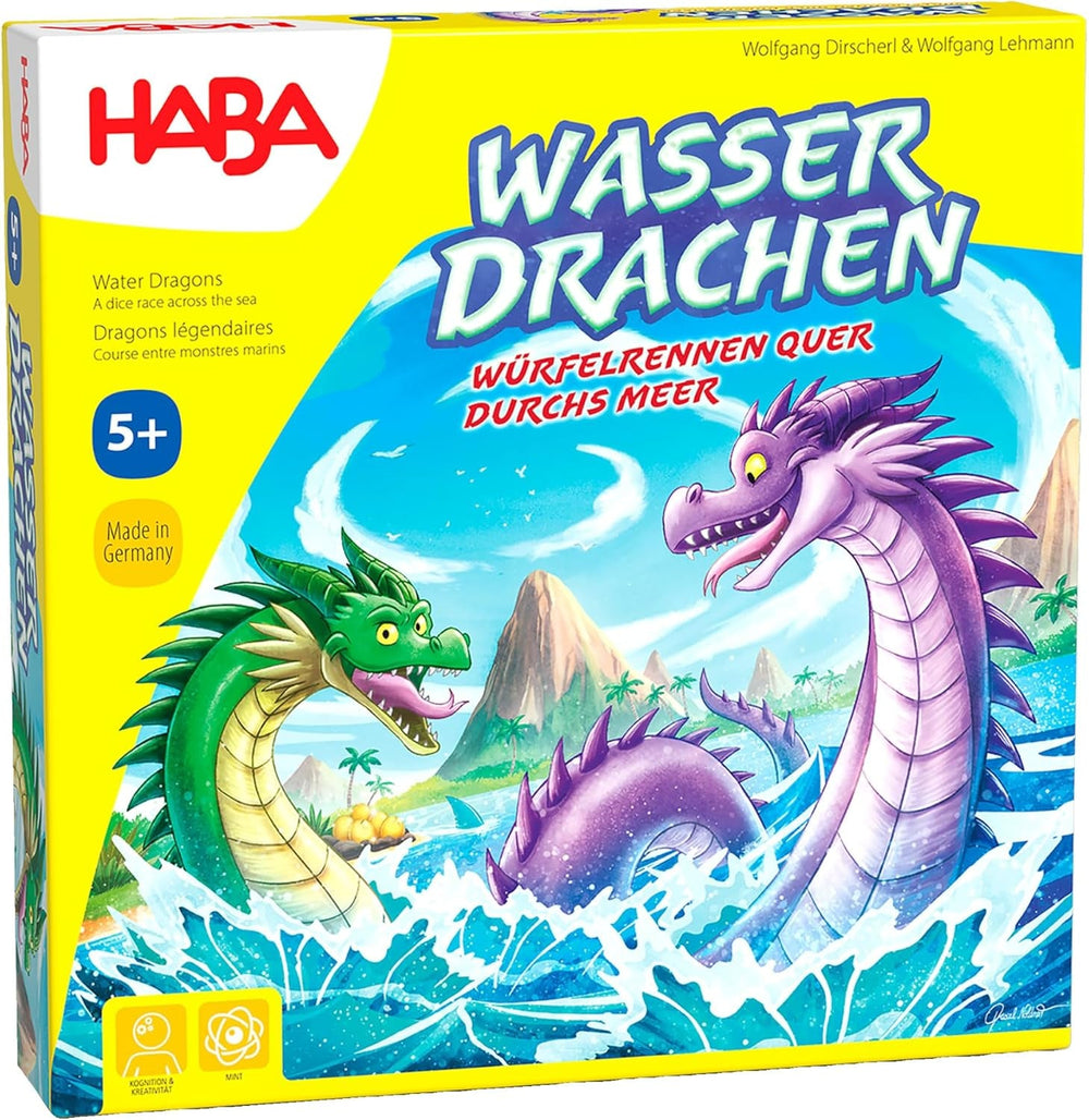 HABA Dragoni de Apă – Joc de zaruri și strategie pentru copii de la 5 ani în sus – Joc de societate captivant cu dragoni și figurine din lemn – Joc de familie pentru 2-4 jucători – 1307133001