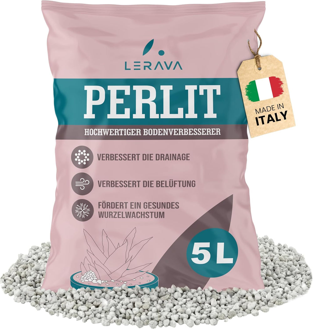 LERAVA® Perlita para Plantas (5L) – Perlita de grano grueso para la mejora del suelo – Garantiza un drenaje y aireación óptimos – Aditivo natural para suelos e hidroponía – Gránulos para plantas