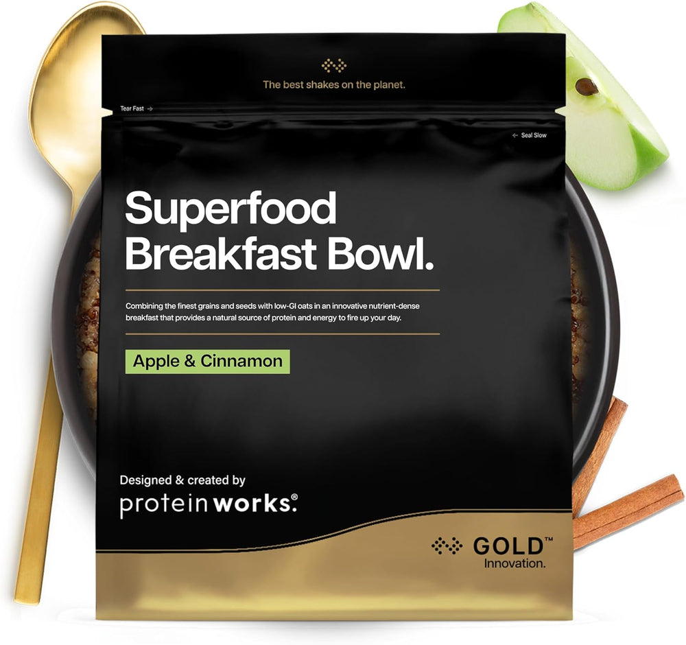Funciona con proteínas | Superfood Breakfast - GOLD Innovation, Cereal galardonado, Muesli proteico, rico en nutrientes con cereales, semillas y avena, alto en fibra, manzana y canela, 10 porciones, 600 g