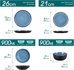 Set de veselă pentru 6 persoane, set de veselă din gresie Vancasso PLAYA, 24 de piese pentru 6 persoane, albastru, inclusiv farfurii, farfurii de sumă, boluri și farfurii de salată, potrivit pentru mașina de spălat vase și cuptorul cu microunde